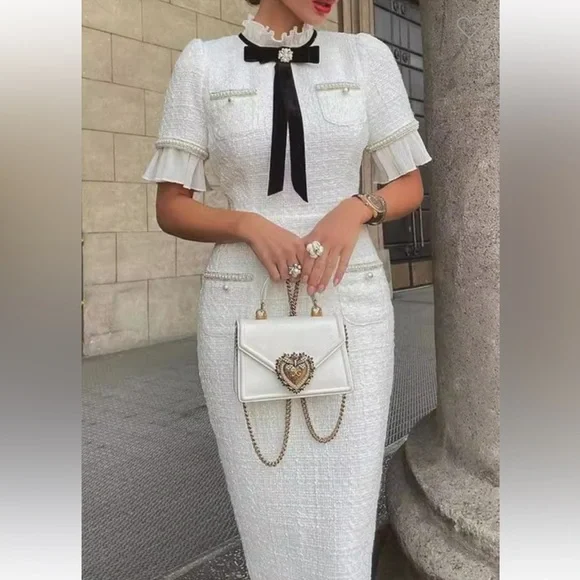 #261 “TWEED BOW KNOT LACE TRIM BODY CON DRESS” - Picture 1 of 3